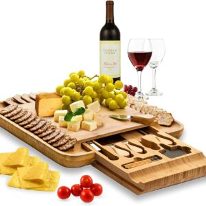 Bamboo Cheese Board Set - Large Charcuterie Boards & Cheese Board with Knife Set - Kitchen Wine Meat Cheese Platter