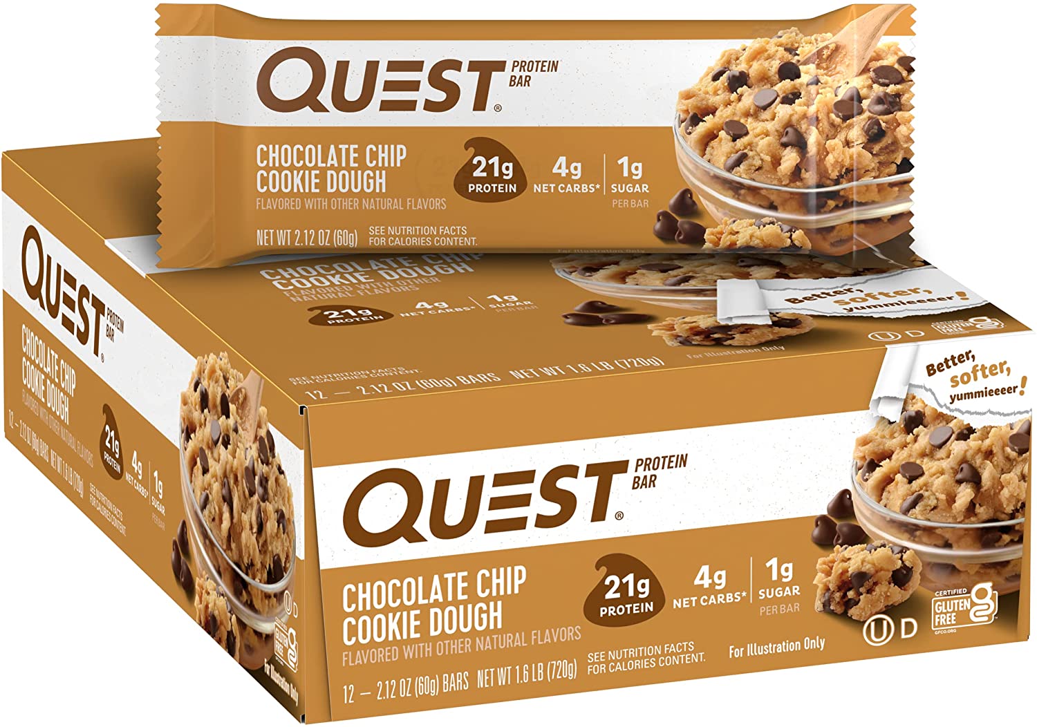Nutrition Chocolate Chip Cookie Dough Protein Bars, High Protein, Low Carb, Gluten Free, Keto Friendly, 12 Count
