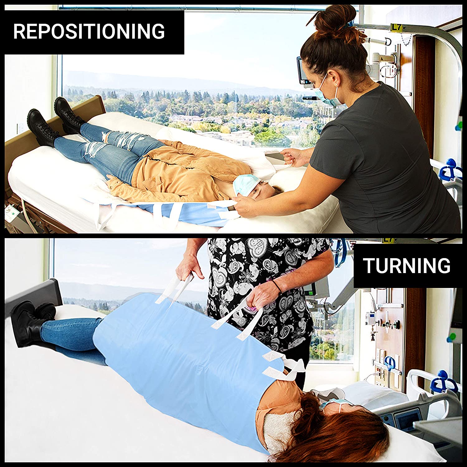 Washable and Reusable Positioning Bed Pad with Handles, Waterproof Incontinence Underpad (Blue, 1-Pack) - Image 2